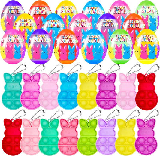 24 PCS Prefilled Easter Eggs with Bunny Pop Bubble Fidget Keychains Toy inside for Kids Boys Girls Easter Basket Stuffers Party Favors Easter Egg Hunt