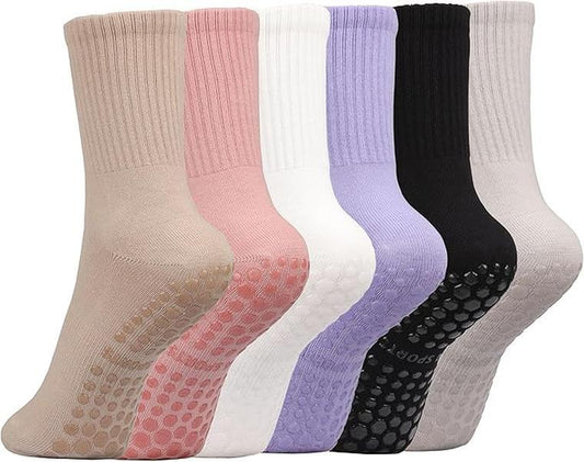 Easter Gift Pilates Socks with Grips for Women,6 Pairs Cotton Non Slip Yoga Crew Socks for Barre, Ballet, Dance, Workouts Size 5-9